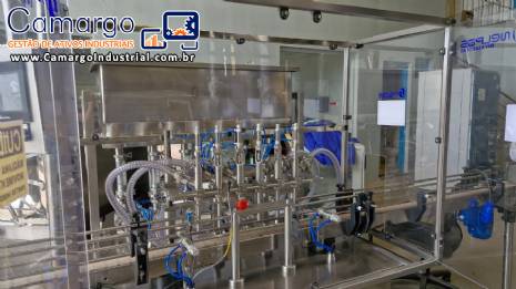 Linha de envase para cosm�ticos com alimentador de fracos envasadora Nelpas pist�o rosqueadeira tecnoenvase rotuladora Tudela